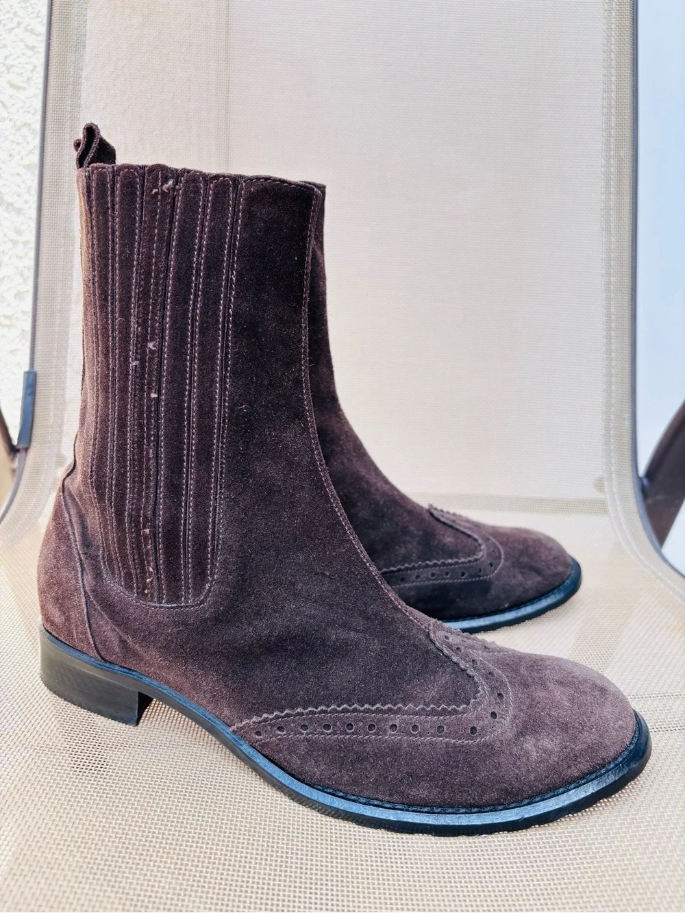 Jenrigò Suede Brogue Wingtip Chelsea Boots Italy Made Style 38.5 Dark Brown